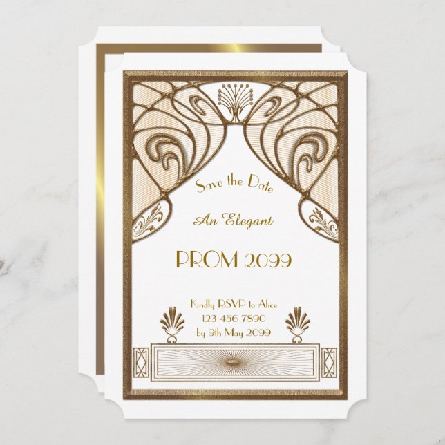 Abschlussball Älter-Junior, weiß, Gold Einladung (Vorne/Hinten)