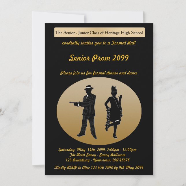 Abschlussballsenior, Gatsby Art, Schwarzes u. Einladung (Vorderseite)