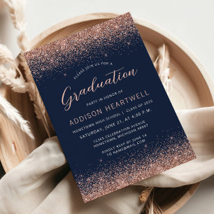Abschlussfeier 2025 Rose Gold Glitter Navy Blau Einladung
