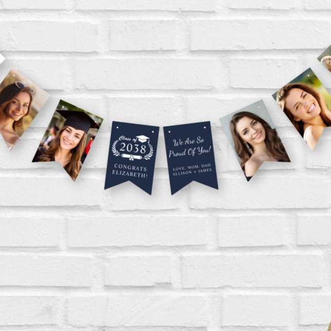 Abschlussfeier Blau Foto-Collage Wimpelkette (Graduation Party Blue Photo Collage Bunting Flags)