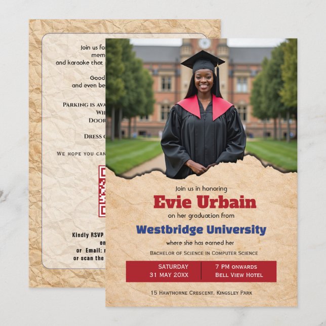 🎓Abschlussfeier-Einladung mit QR-Code und Vintage Einladung (Vorne/Hinten)