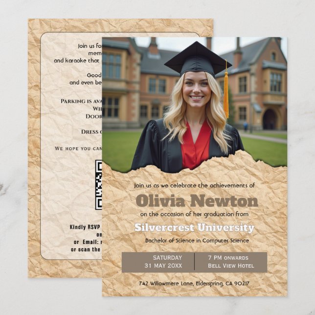 🎓Abschlussfeier-Einladung mit QR-Code Vintage-Fot Einladung (Vorne/Hinten)