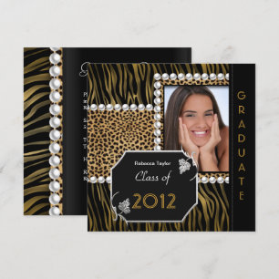 Abschlussfeier Gold Schwarz Weiß Leopard Zebra Einladung