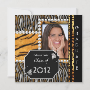 Abschlussfeier Grad Schwarz Silber Leopard Zebra Einladung