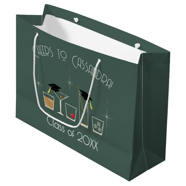 Abschlussfeier mit Hut und Cocktail Große Geschenktüte (Vorderseite Schrägansicht)