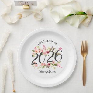 Abschlussfeier mit rosa Aquarell-Blumen 2026 Pappteller