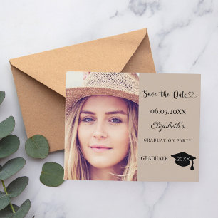 Abschlussfeier mocha beige Save the Date Karte