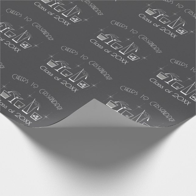 Abschlussfeier Mütze und Cocktail Grau Geschenkpapier (Ecke)