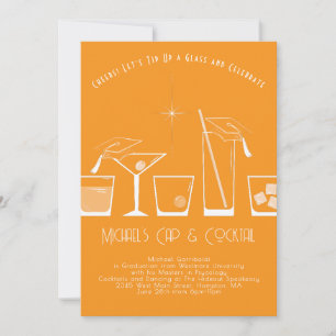 Abschlussfeier Mütze und Cocktail Orange Einladung