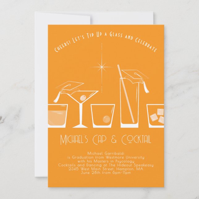 Abschlussfeier Mütze und Cocktail Orange Einladung (Vorderseite)