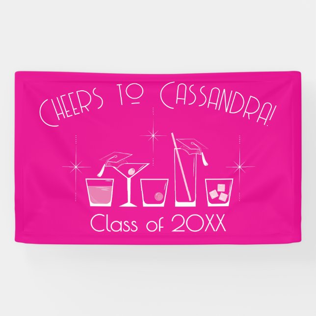 Abschlussfeier Mütze und Cocktail Rosa Banner (Horizontal)