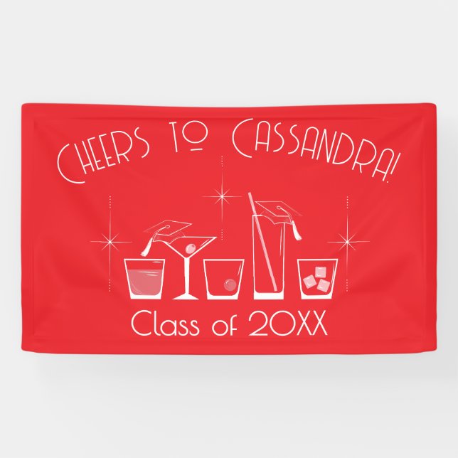 Abschlussfeier Mütze und Cocktail Rot Banner (Horizontal)