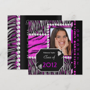 Abschlussfeier Pink Schwarz Silber Leopard Zebra Einladung