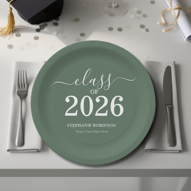 Abschlussfeier Salbei Grün Klasse 2026 Pappteller (Von Creator hochgeladen)