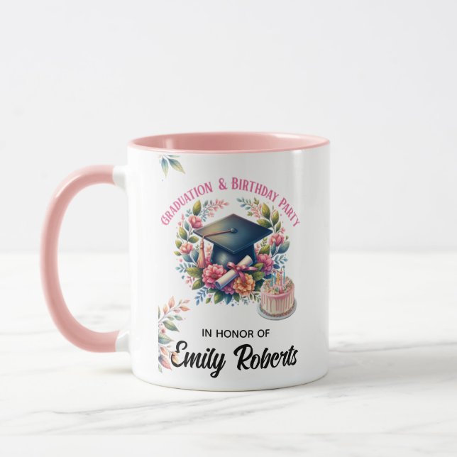 Abschlussfeier- und Geburtstags-Blumendesign Tasse (Links)