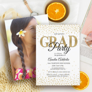 Abschlussfeier Weiß Schwarz Gold Glitter Foto Einladung