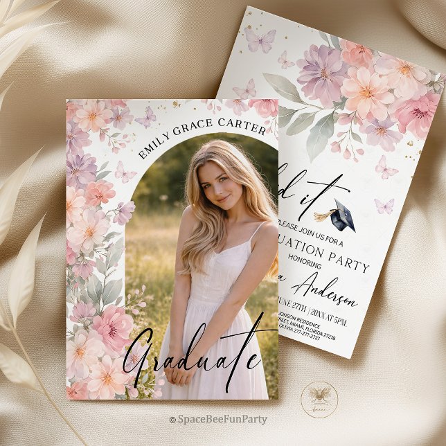 Abschlussfeier Wildblumen Foto Einladung (graduation invitation, wildflower invite, boho floral, graduation party, photo invitation, bohemian )