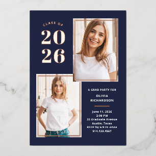 Abschlussfoto 2026 Navy und Roségold Abiturparty Folieneinladung