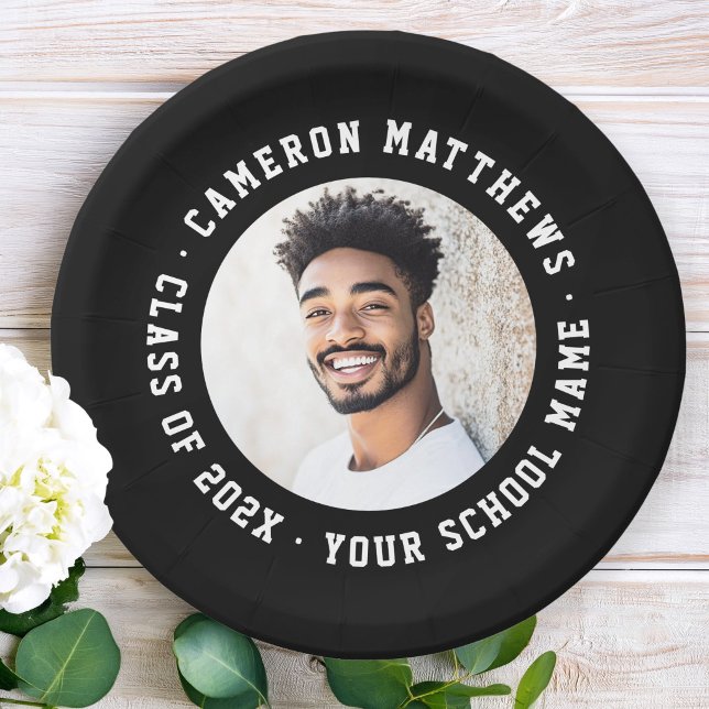 Abschlussfoto des Studenten modern schwarz Pappteller (Student graduation photo modern black paper plates)