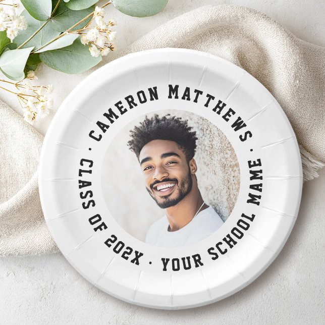 Abschlussfoto von Studenten modern weiß Pappteller (Student graduation photo modern white paper plates)