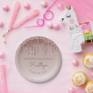 Abschlussklasse 2022 Roségold Glitter-Drip-Abschlu Pappteller