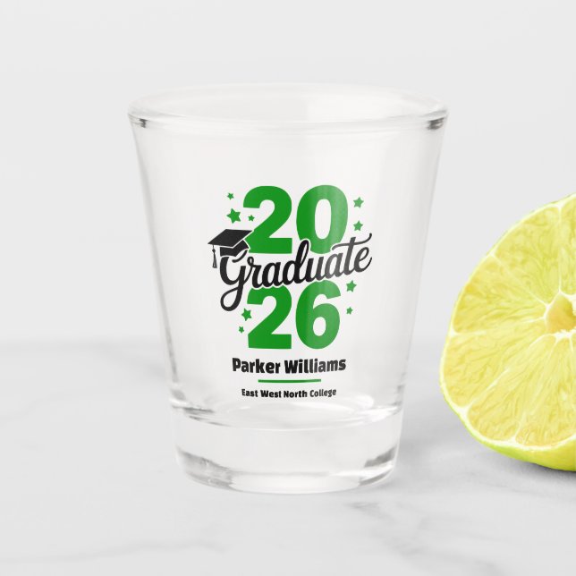 Abschlussklasse 2026 Graduiertenmütze | Grün Schnapsglas (Vorderseite)