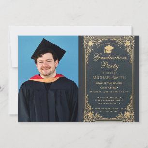 Abschlussmützen-Junge-Foto Vintage Blau Gold Schri Einladung