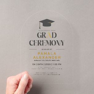 Abschlusszeremonie Gold und Grau Retro-Typografie Acryleinladungen