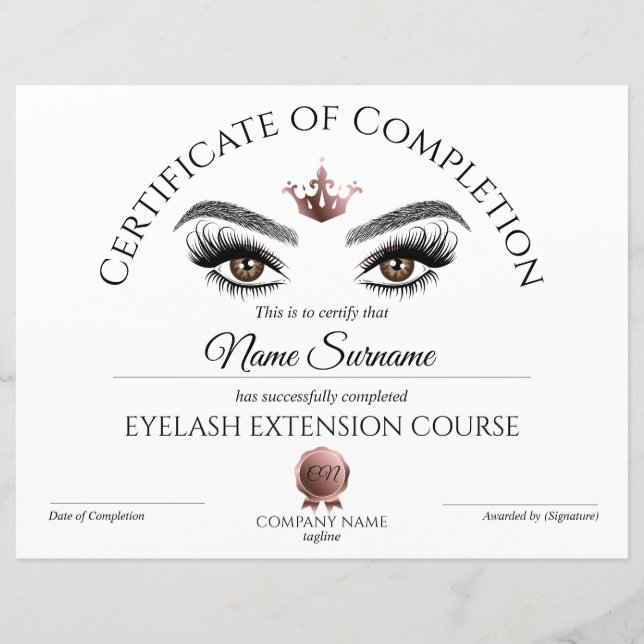 Abschlusszertifikat Lashes Kurs (Vorderseite)