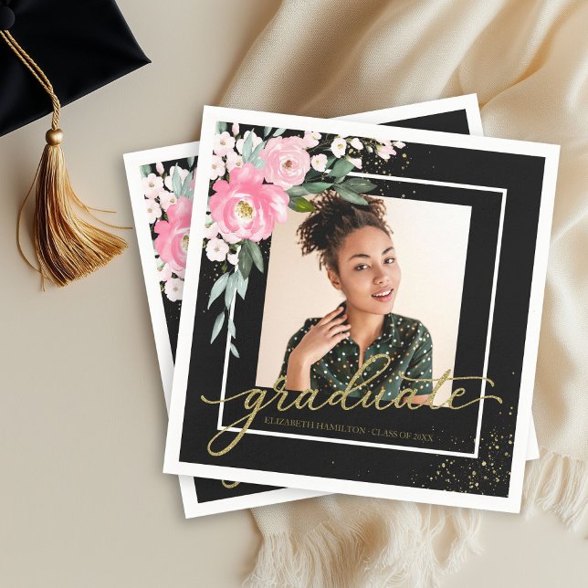 Absolvent Hot Pink Blütengrad Party Foto Schwarz Serviette (Von Creator hochgeladen)