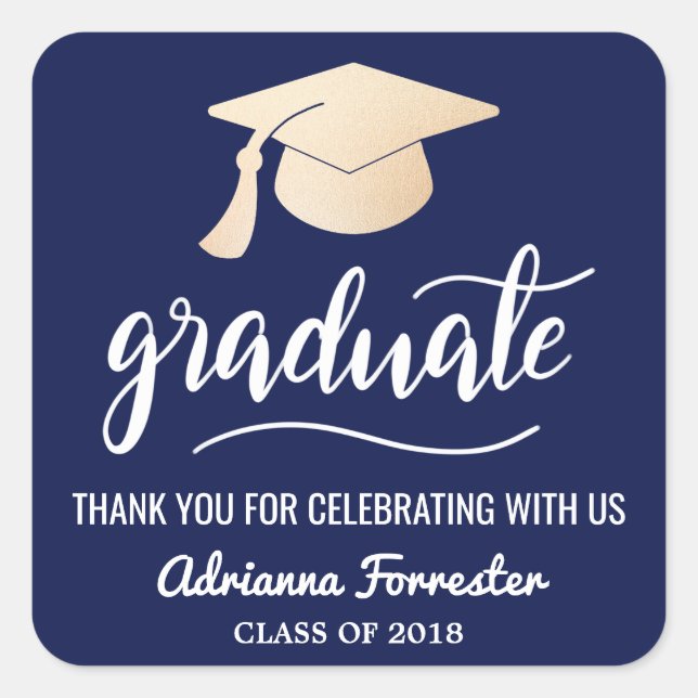 Absolvent| Hut| Danke, Navy Blue Quadratischer Aufkleber (Vorderseite)