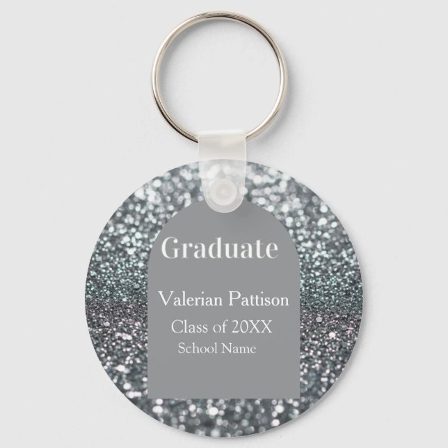 Absolvent Silber Grau Glitter Bogenform Name Jahr Schlüsselanhänger (Vorderseite)