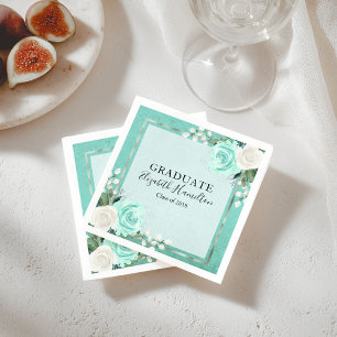 Absolvent Teal & Folie Silber Chic Floral Abschlus Serviette