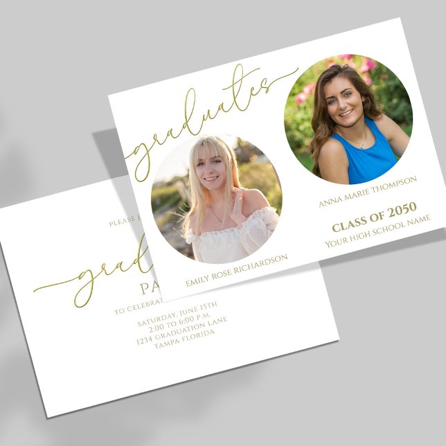 Absolventen 2 Foto Einfach Stilvoll Gold Double Einladung (Graduation double party invitation with gold calligraphy script.)