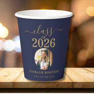 Absolventenfoto Klasse 2026 Blau Gold Party Pappbecher