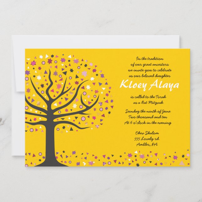 Abstact Tree of Life Bat Mitzvah Einladung Gold (Vorderseite)