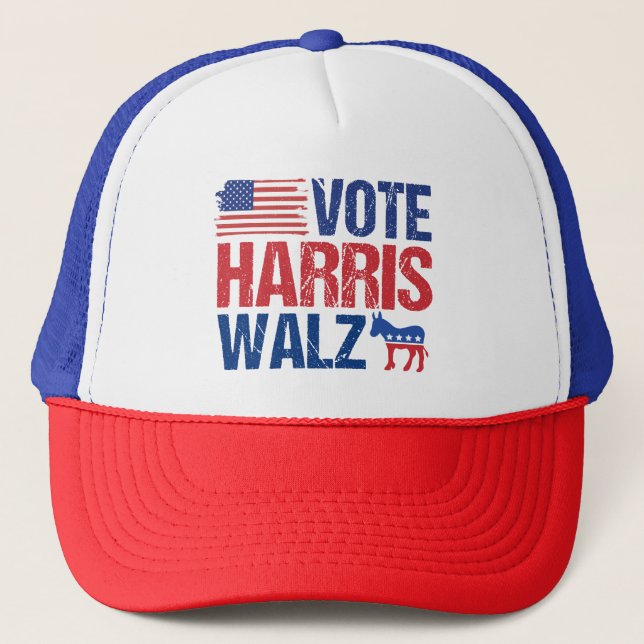 Abstimmung Harris Walz Demokrat Donkey American Fl Truckerkappe (Vorderseite)