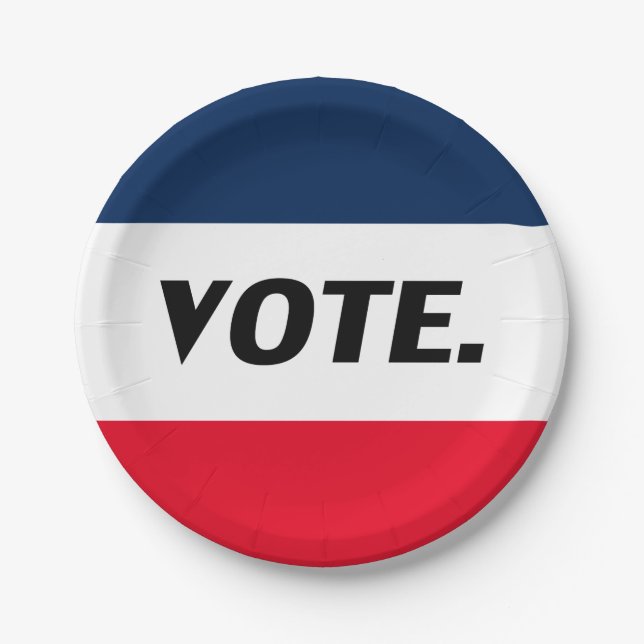 "Abstimmung", schwarze Buchstaben, rot-blaues Part Pappteller (Vorderseite)