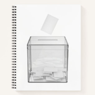 Abstimmungspapier und transparente Wahlurne Notizbuch