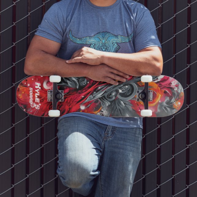 Abstract airbrush street art in reds and grays skateboard (Außenbereich 3)