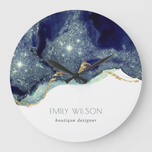Abstract Alcohol Ink Silver Navy Blue Glitter Große Wanduhr
