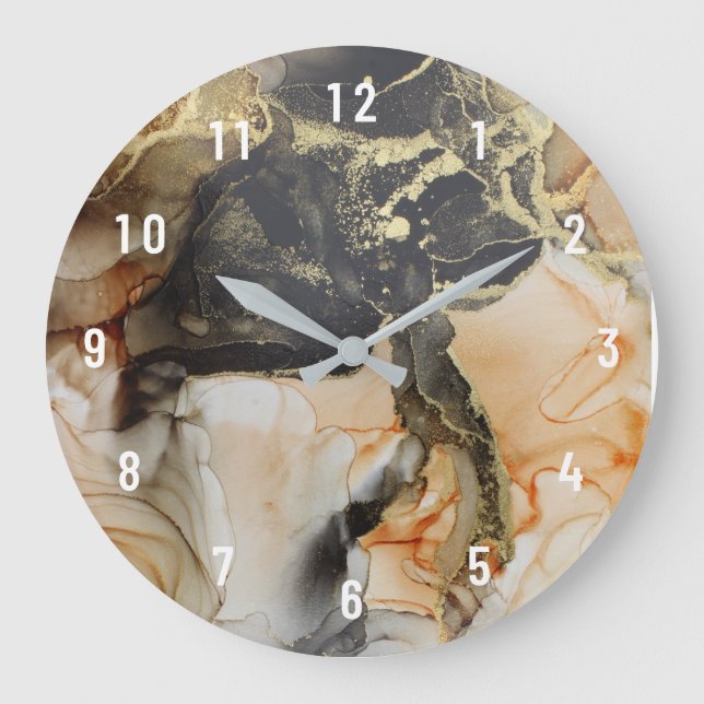 Abstract Apricot Black Gold Art Large Clock Große Wanduhr (Vorderseite)