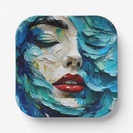 Abstract art painting female face ocean waves pappteller