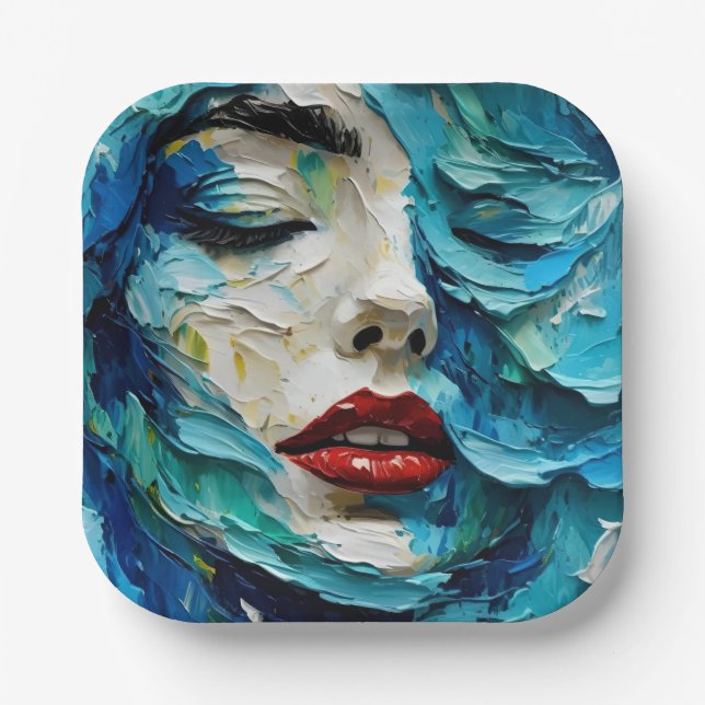 Abstract art painting female face ocean waves pappteller (Vorderseite)