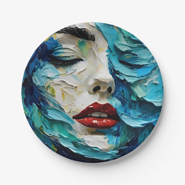 Abstract art painting female face ocean waves pappteller (Vorderseite)