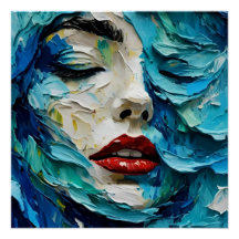 Abstract art painting female face ocean waves