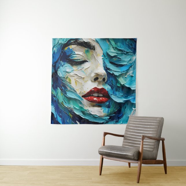 Abstract art painting female face ocean waves wandteppich (Beispiel)
