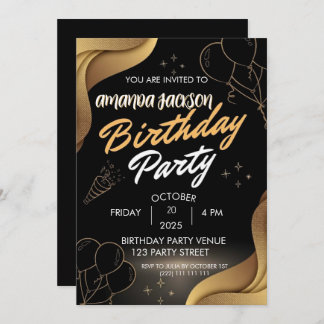 Abstract Black Gold Swirl Birthday Invitation Einladung