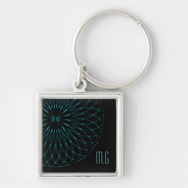 Abstract Blue Geometric Graphic Black Monogram Schlüsselanhänger (Vorne)