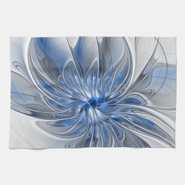 Abstract Blue Gray Watercolor Fractal Art Flower Geschirrtuch (Horizontal)